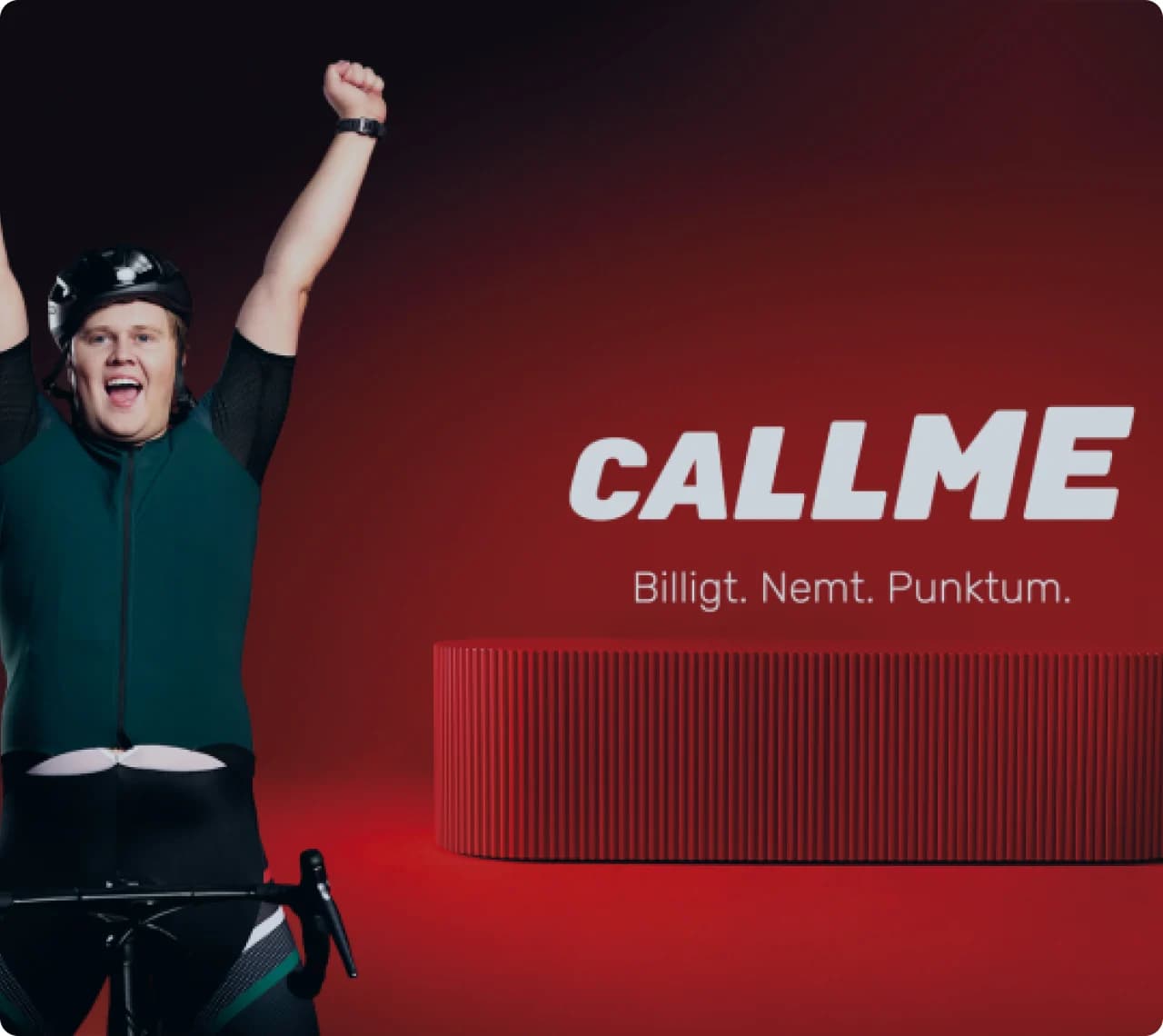 Call me campaign showing a smiling person beside the company wordmark.