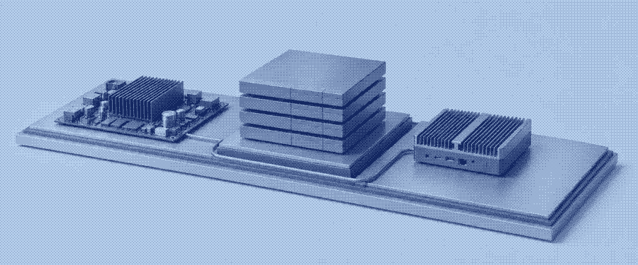 Technical illustration of a layered intelligence stack connecting compute hardware with a compact edge controller.