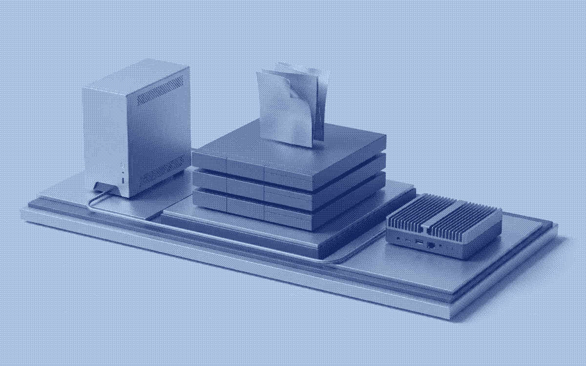 Conceptual illustration of a server, application layers, knowledge documents, and an edge computer connected on one shared platform.