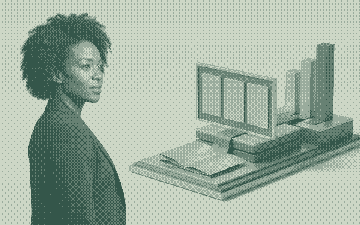 An invented business professional beside connected document, application, and planning forms, representing intelligence across business processes.