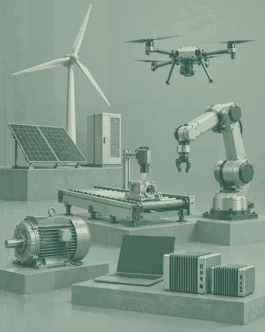 Conceptual collage of local AI computers, a wind turbine, solar panels, battery storage, a motor sensor, camera inspection, a robot arm, and a drone in sage digital tones.