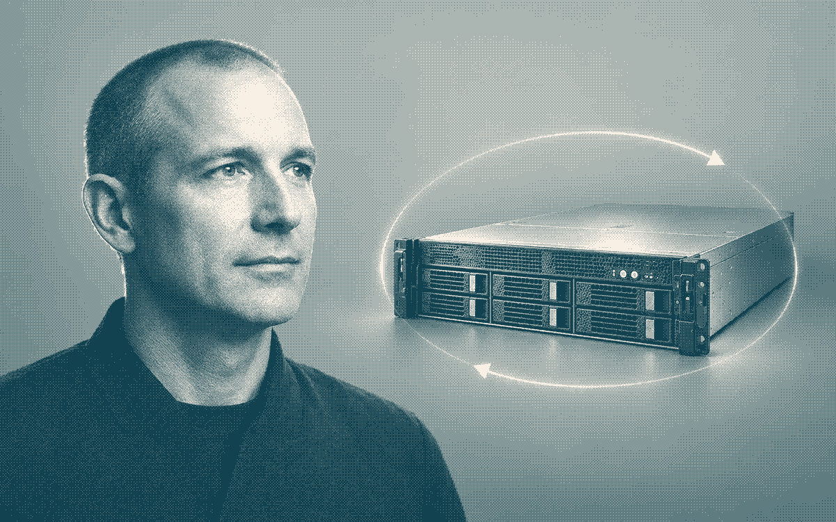 An invented operator beside a server with a restrained maintenance loop.