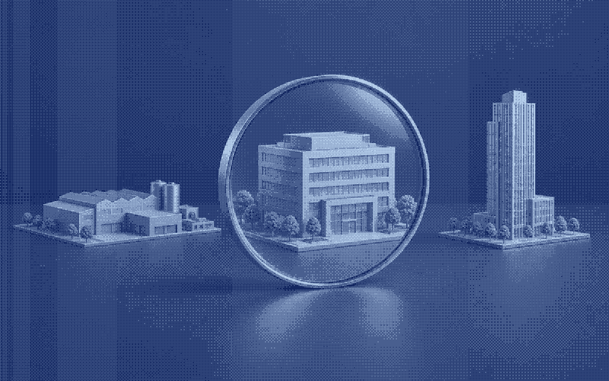 An optical lens brings one enterprise customer into focus among three architectural models.
