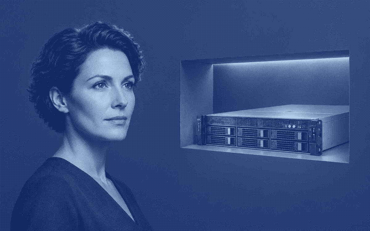 An invented woman beside a dedicated server in a controlled architectural recess.